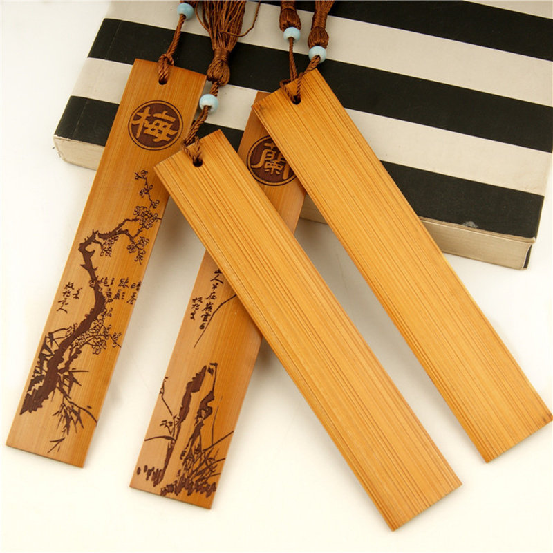 竹子书签定制中国国风礼品流苏梅兰竹菊古风天然竹书签