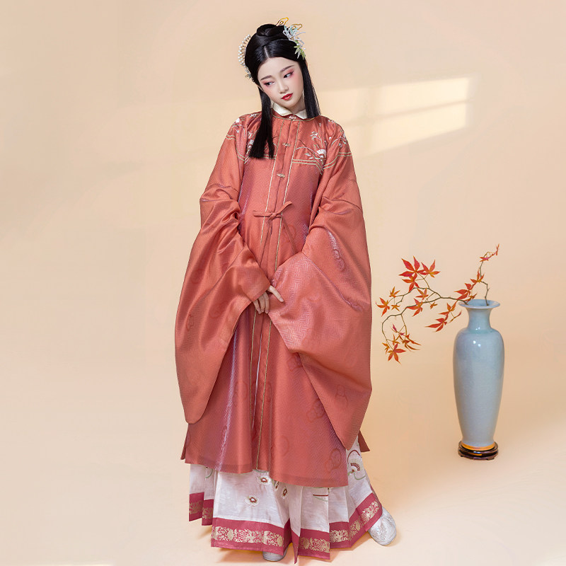 墨语猫芳兰扇汉服明制花草豆沙立领对襟长衫上衣