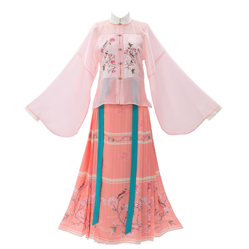 墨语锦绣汉服女绶带牡丹图胭脂粉明制立领对襟上衣