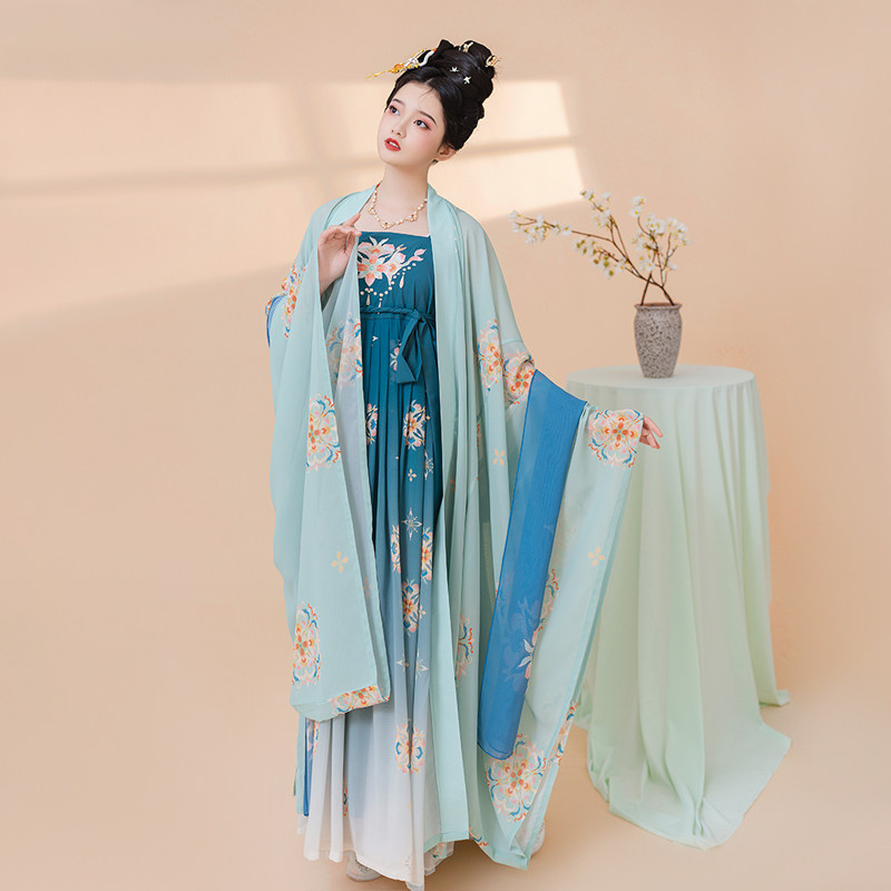 墨语大袖绿色诃子蓝色宝相花纹花纹宝相服女唐制汉汉服