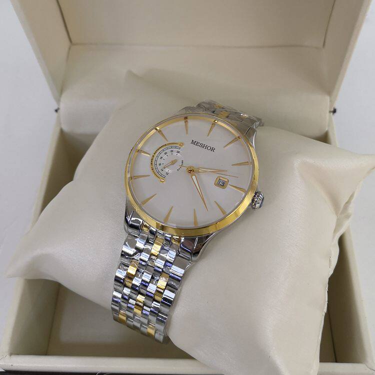 名梭表9069全自动机械表男球形镜面蓝色表24小时制薄款防水钢带表