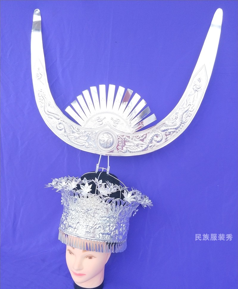 少数民族服饰银饰苗族侗族头饰银帽凤冠中号帽子苗族长角帽
