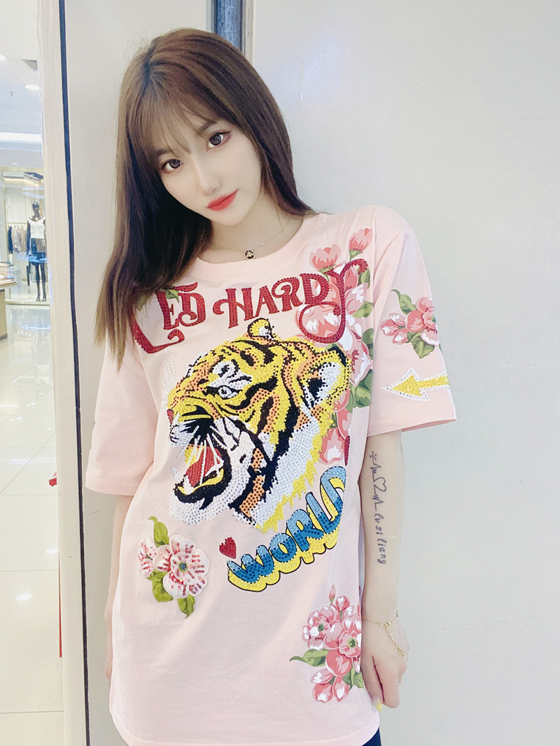 momoED哈迪2022新款印花烫钻虎头纯棉女士粉色T恤宽松中长款短袖