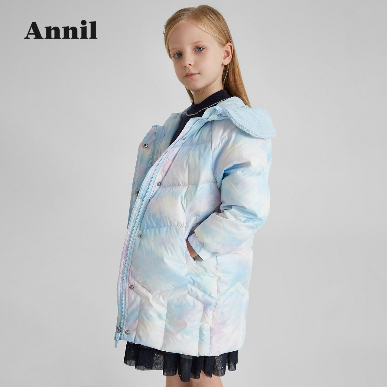 安奈儿女童长款羽绒服2021冬季新款英伦纯色有帽不可拆