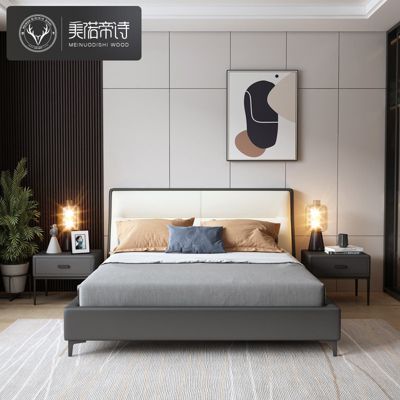 现代简约床头层牛真皮米意式极简软包靠背轻奢双人皮艺床