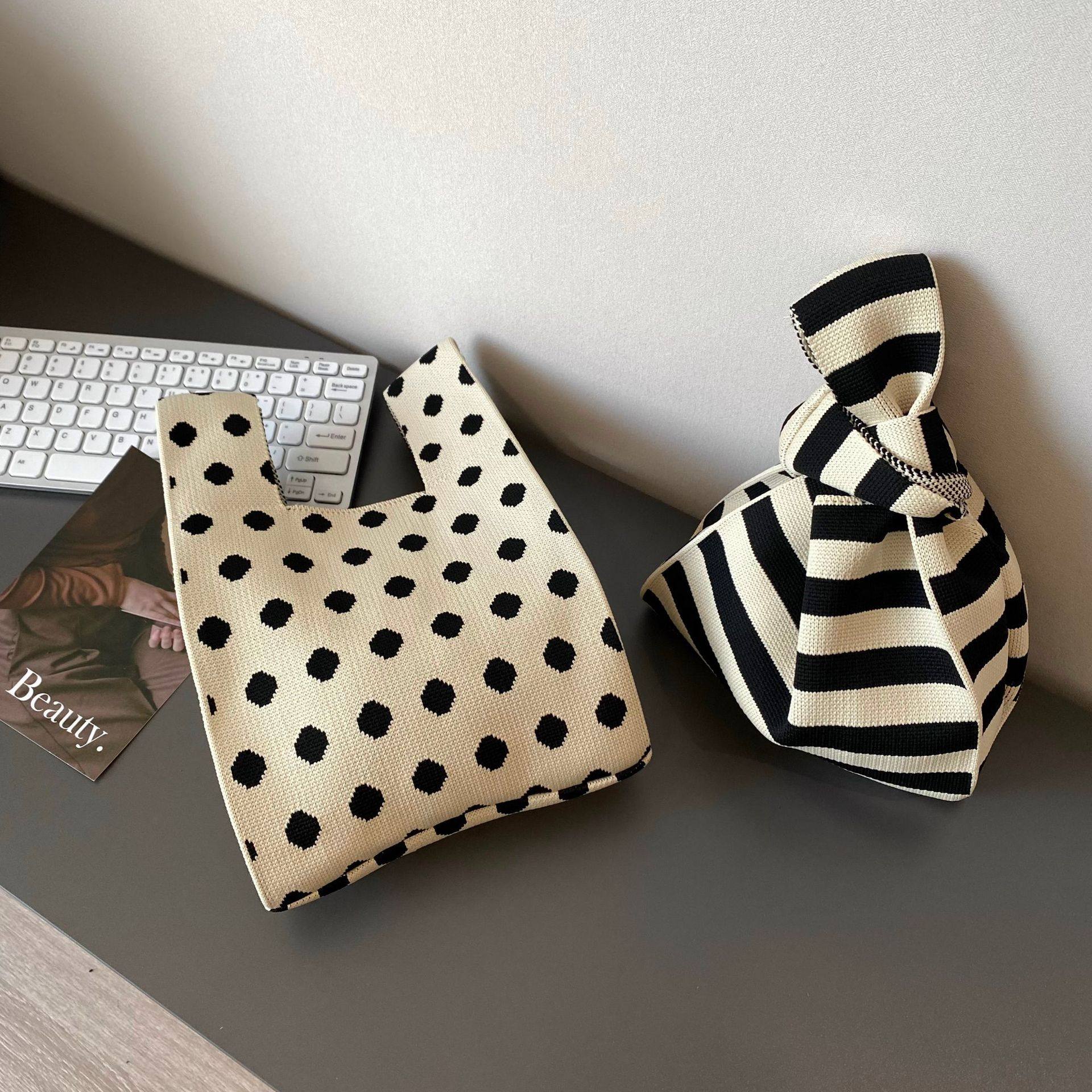 韩国ins小众设计针织波点条纹包包新款单肩编织包撞色手提腋下包