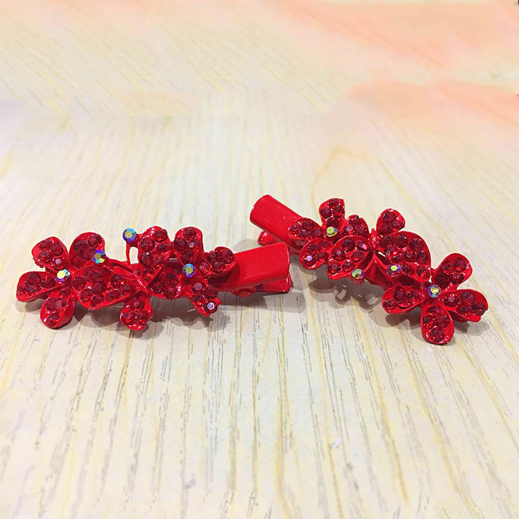 闽南嫁娶新娘红色水钻头饰发夹边夹配饰纯红发饰