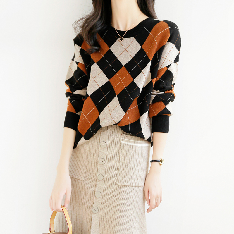 2021秋冬新款女上衣设计感小众毛衣慵懒宽松外穿菱格洋气针织衫