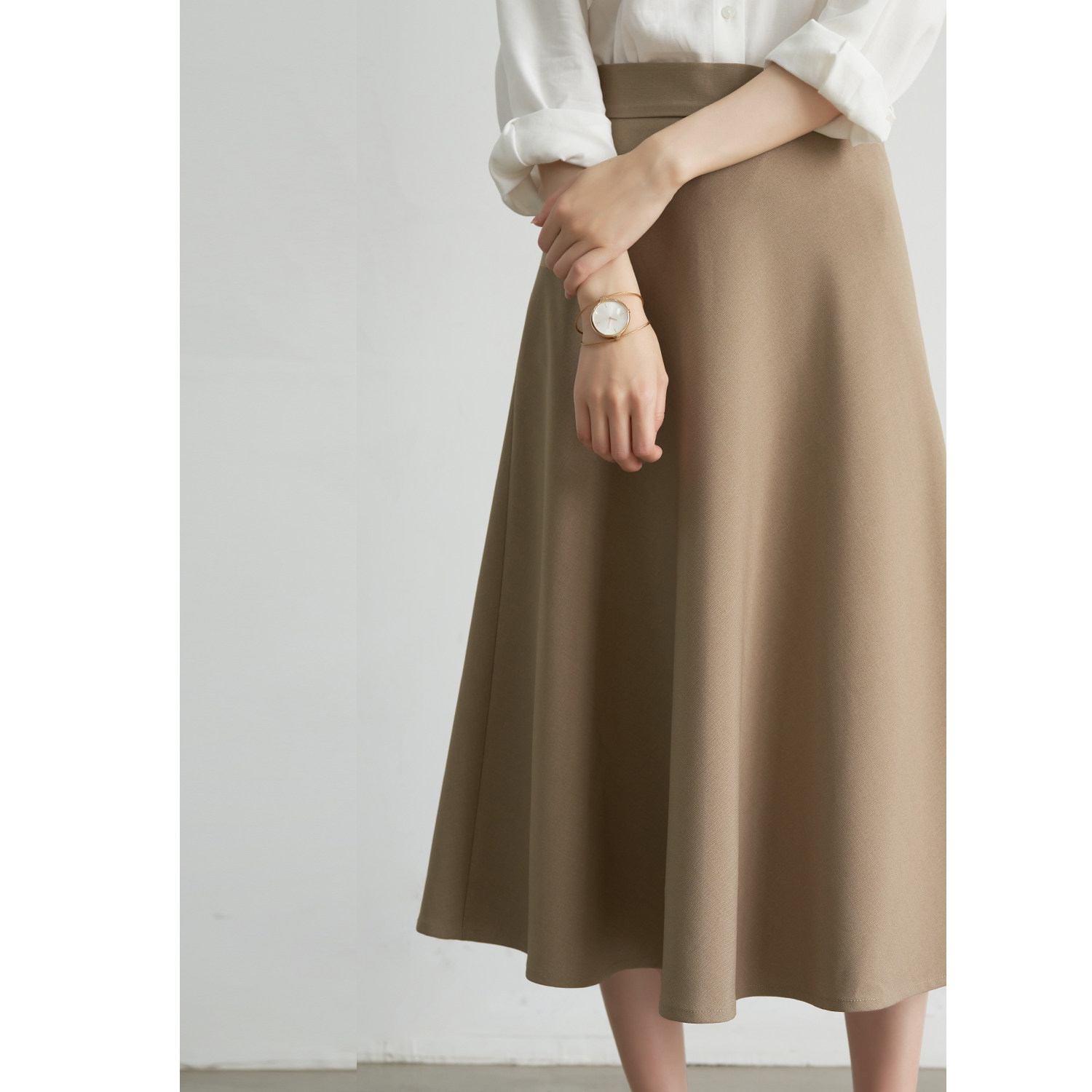 ssstudio早春通勤气质高腰显瘦卡其色过膝半身半身裙