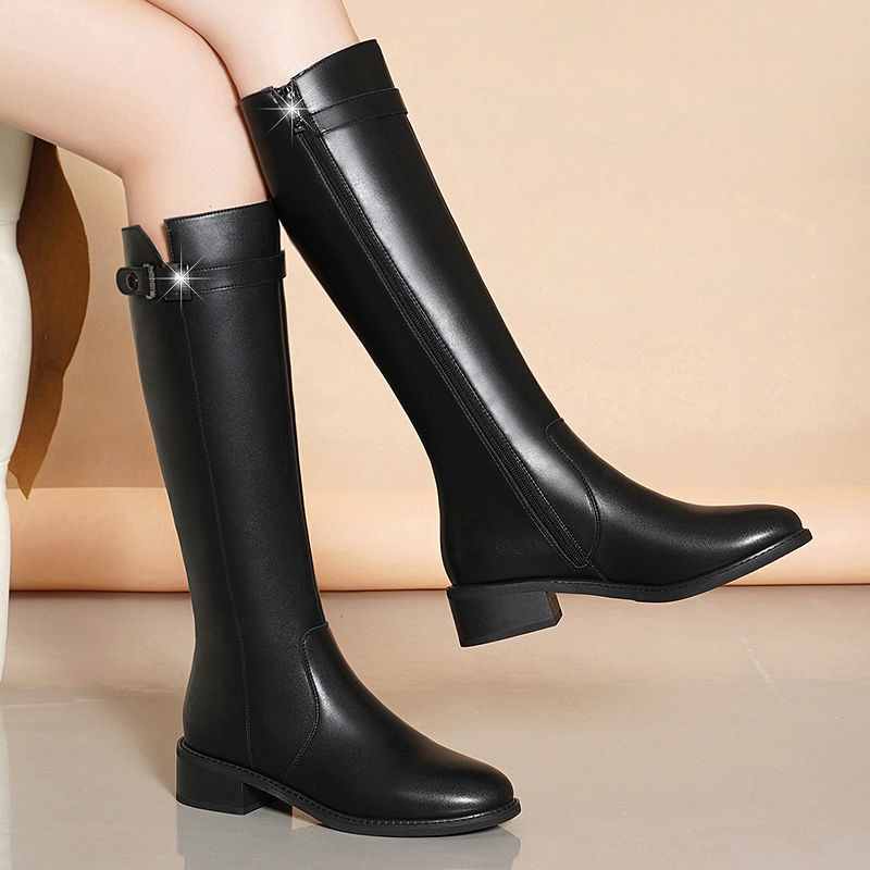 红女蜻蜓软皮高筒靴2020秋冬新款加绒时装靴中高帮鞋