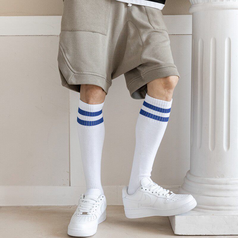 足球袜子男小腿黑白条纹长筒及膝运动夏季薄款长筒袜