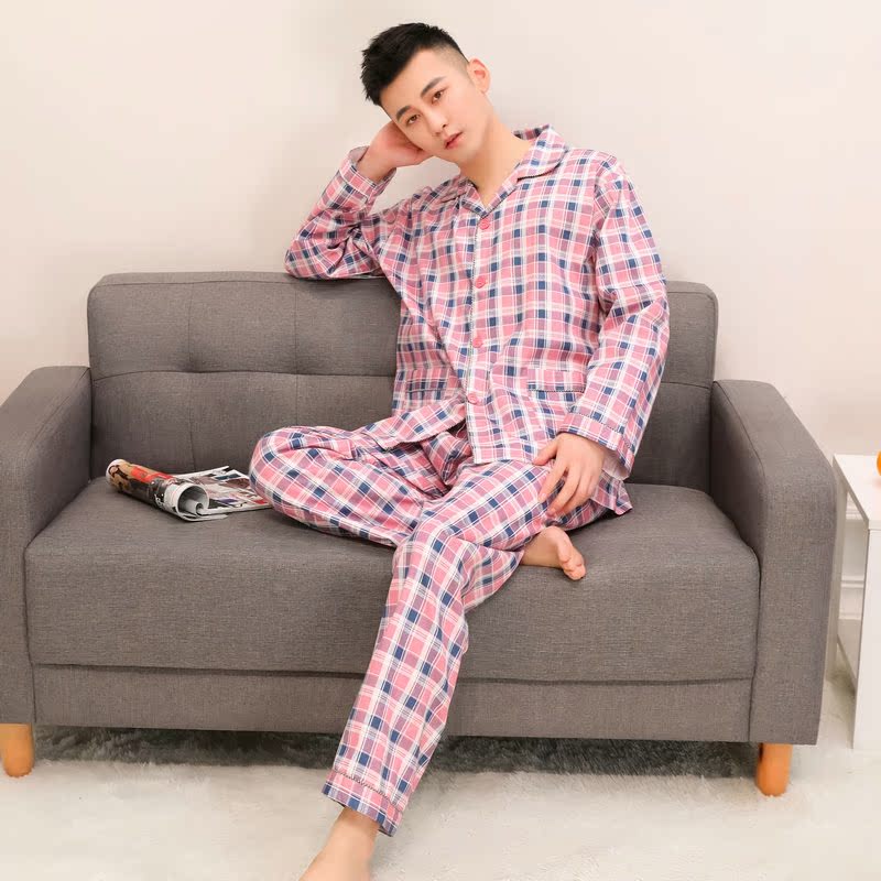 睡衣男士春秋夏薄款长袖纯棉套装加大码青年男款梭织全棉布家居服