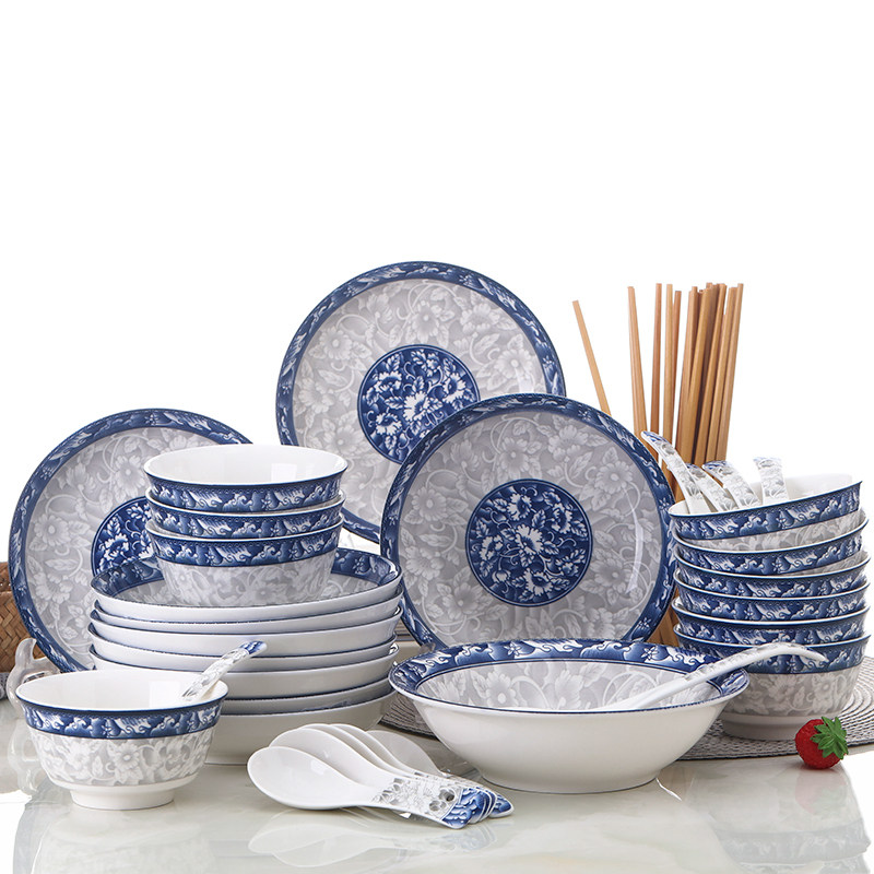 青花瓷碗碟套装景德镇创意骨瓷盘子碗组合餐具欧式碗盘碗筷可微波