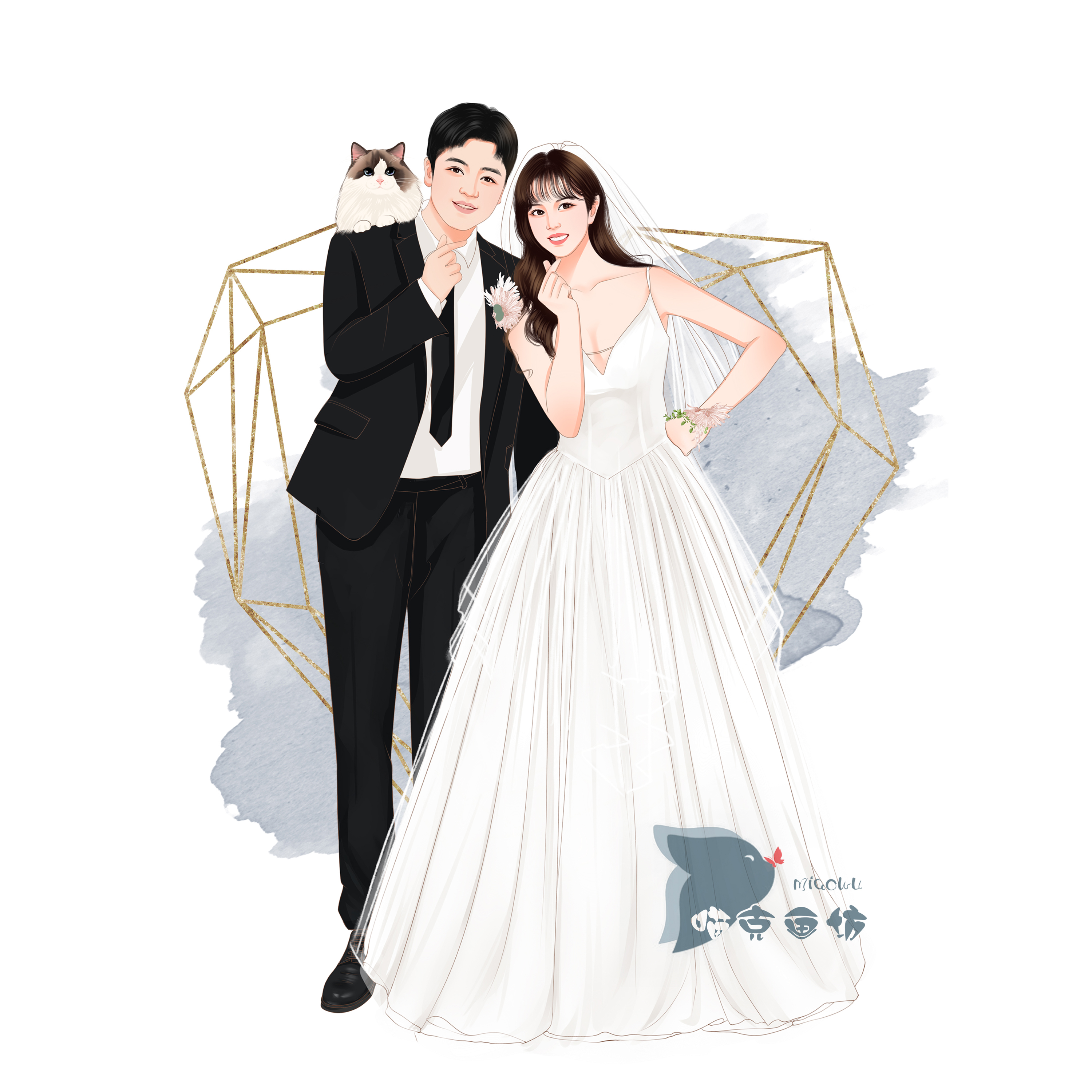 婚纱照手绘头像写实唯美漫画人物卡通婚礼请帖卡通