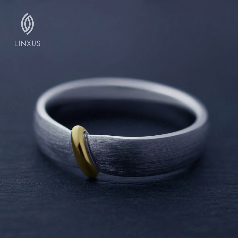 LINXUS结发 925银镀铂金焊18K黄金情侣戒指 简约个性磨砂男女对戒