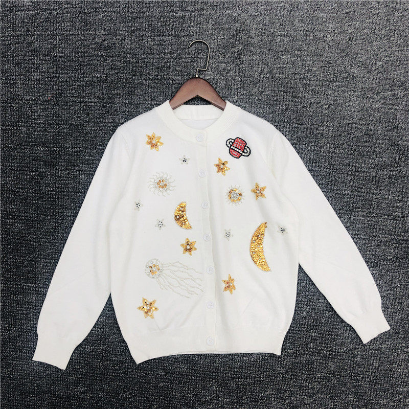 现货2020秋冬重工亮片刺绣卡通星星月亮钉珠毛针织衫