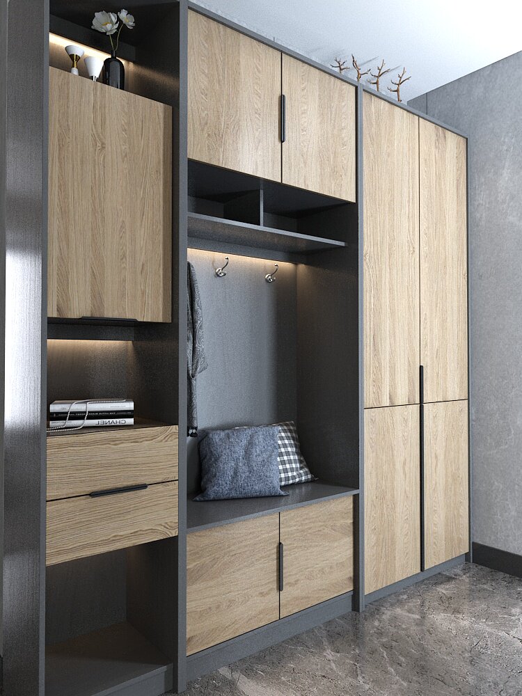 玄关门口储物鞋柜北欧现代灰色木纹调节艺术鞋柜