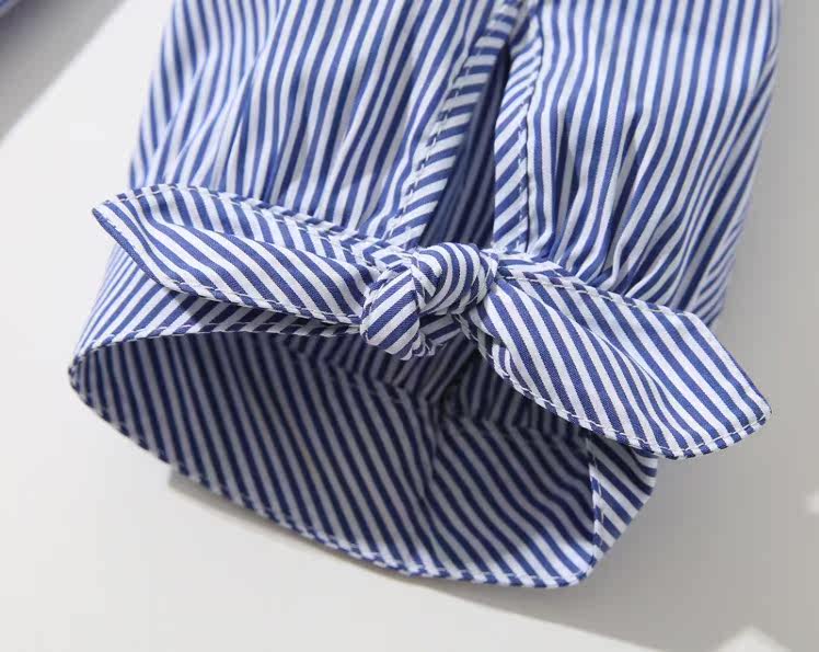 夏季落肩袖上七分打结新款袖口领袖一字条纹衬衫