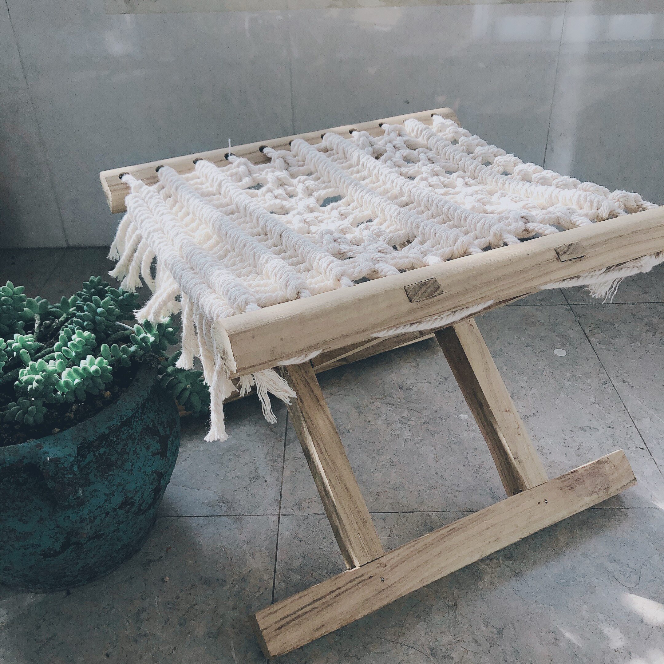 北欧手工编织槐木波西米亚风小马扎阳台折叠凳换椅垫