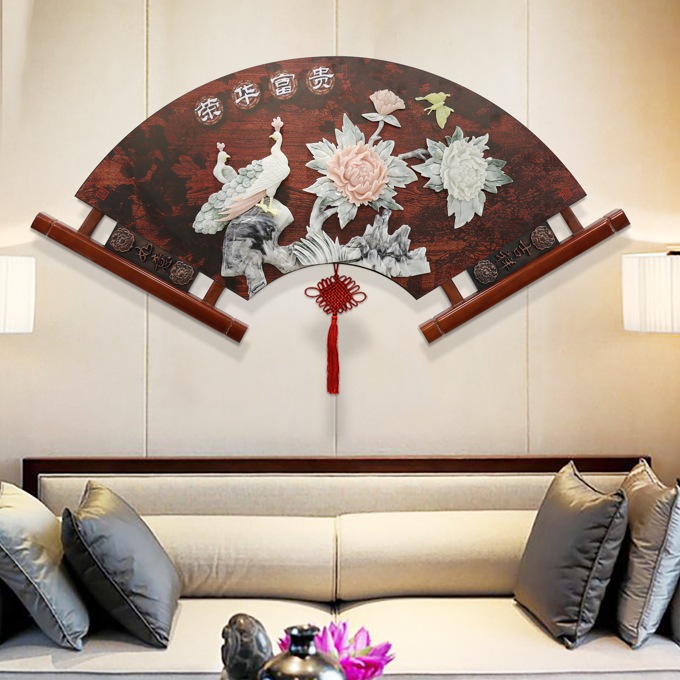 新中式立体壁画餐厅挂画扇形浮雕3d装饰画背景墙现代装饰画