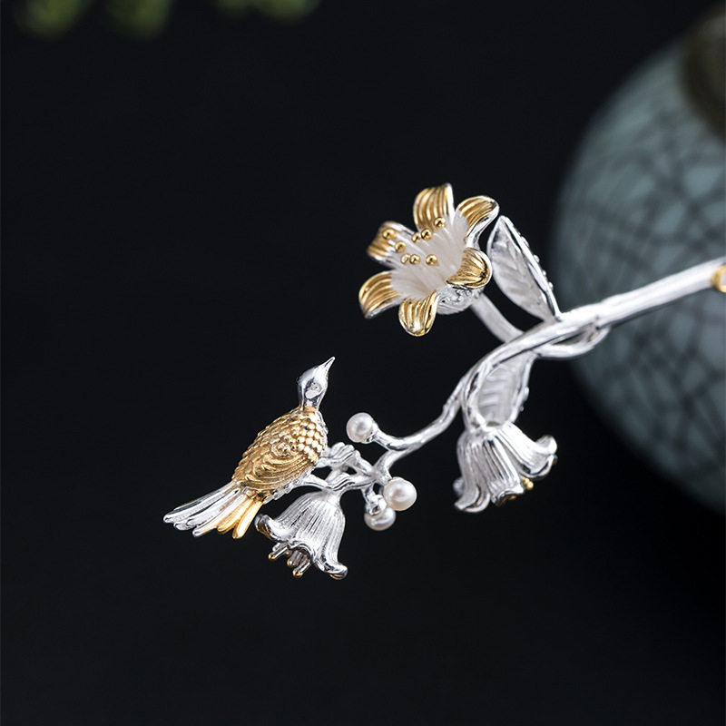 银弥头饰喜鹊国风中国气质宫廷汉服s925古风发饰