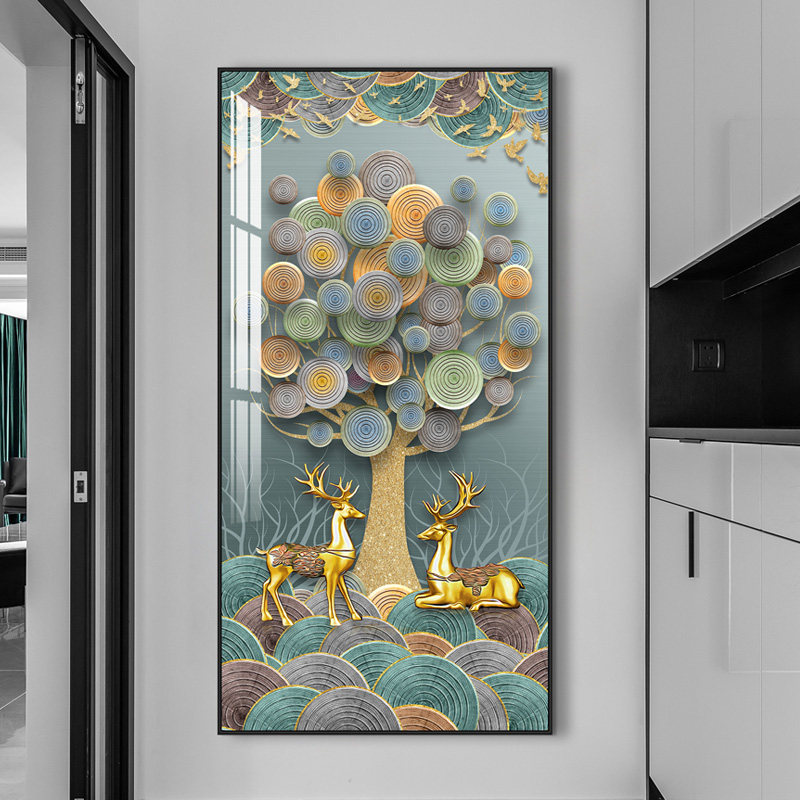 入户尽头玄关装饰画美式麋鹿走廊过道壁画北欧竖版客厅大气晶瓷画