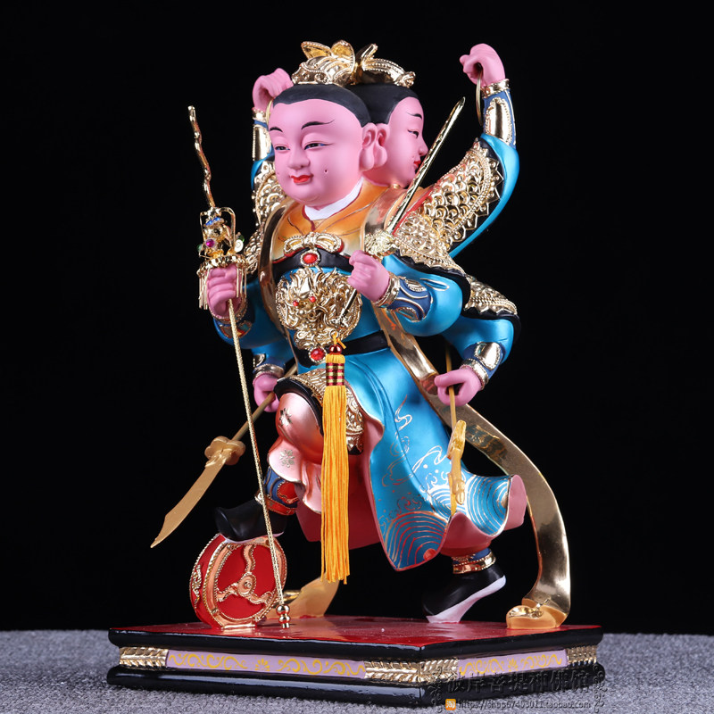 三太太子三头六臂佛像李哪吒哪吒道教香樟木雕神像摆件
