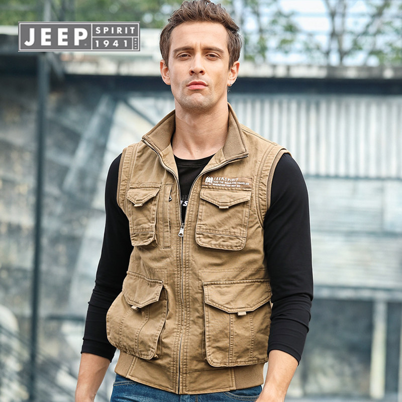 新款正品jeep吉普背心立领纯棉大码宽松中年背心
