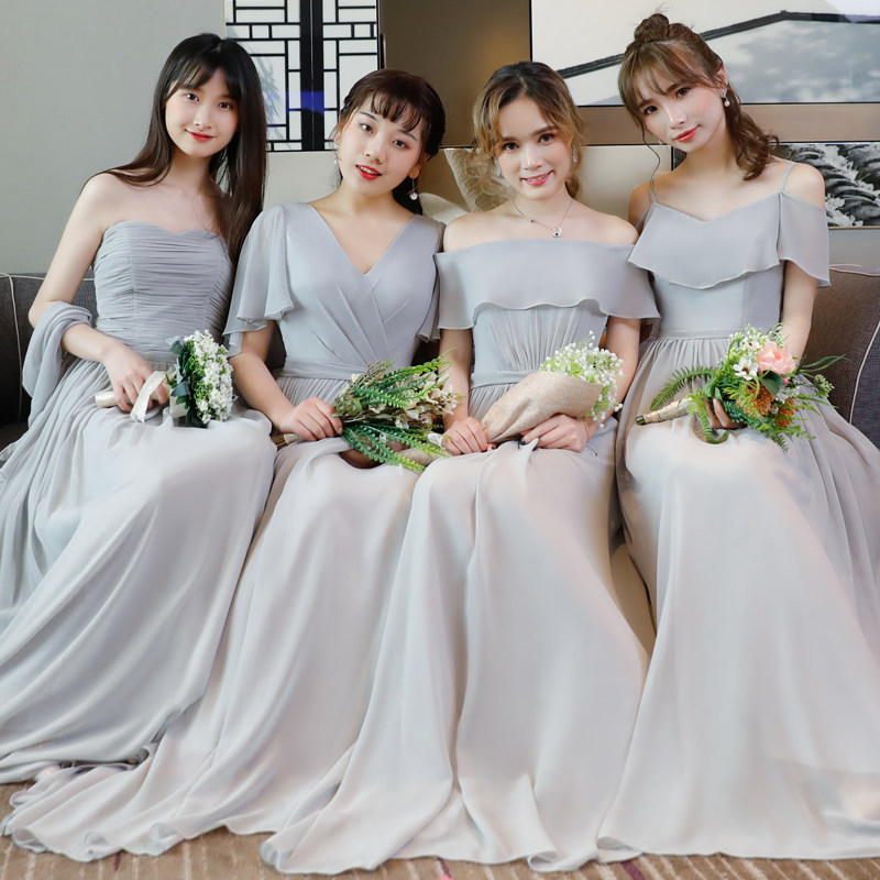 姐妹伴娘服长款2020秋冬新款一字肩仙主持人年会礼服
