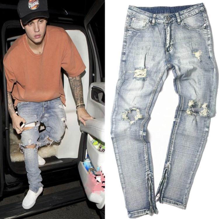 流行前线比伯同款复古古高街膝盖破洞长裤拉链修身牛仔裤