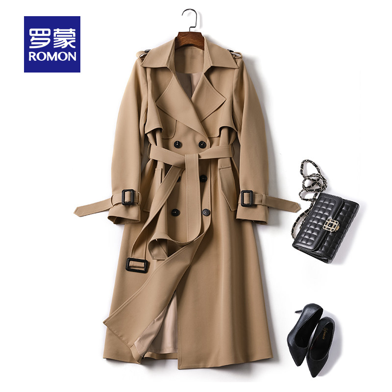 罗蒙女士风衣2022春季新款宽松显瘦双排扣外套时尚休闲中长款大衣