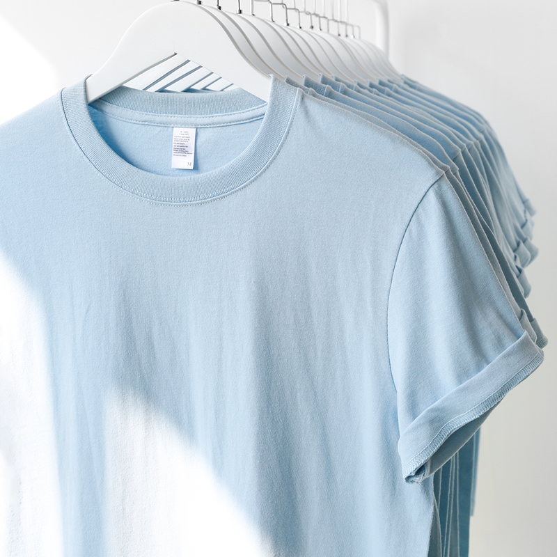 云谣蓝 新款重磅温柔色圆领短袖T恤 夏季纯色纯棉宽松情侣打底衫