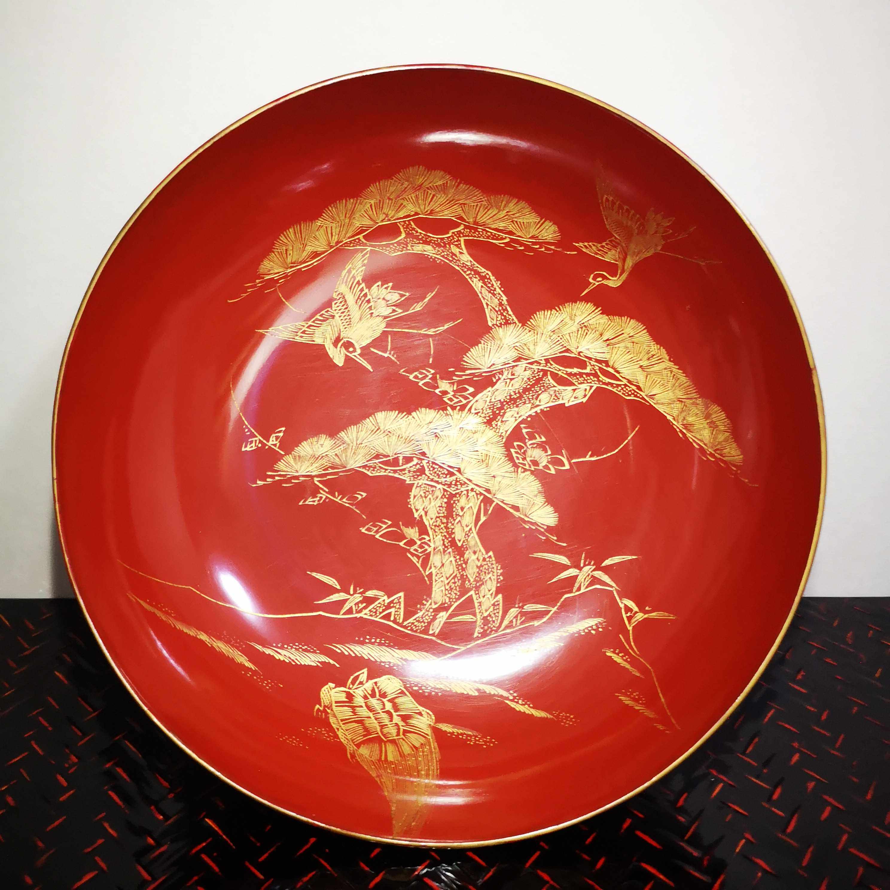 日本漆器松鹤延年小干果盘特价包邮42cm果盆