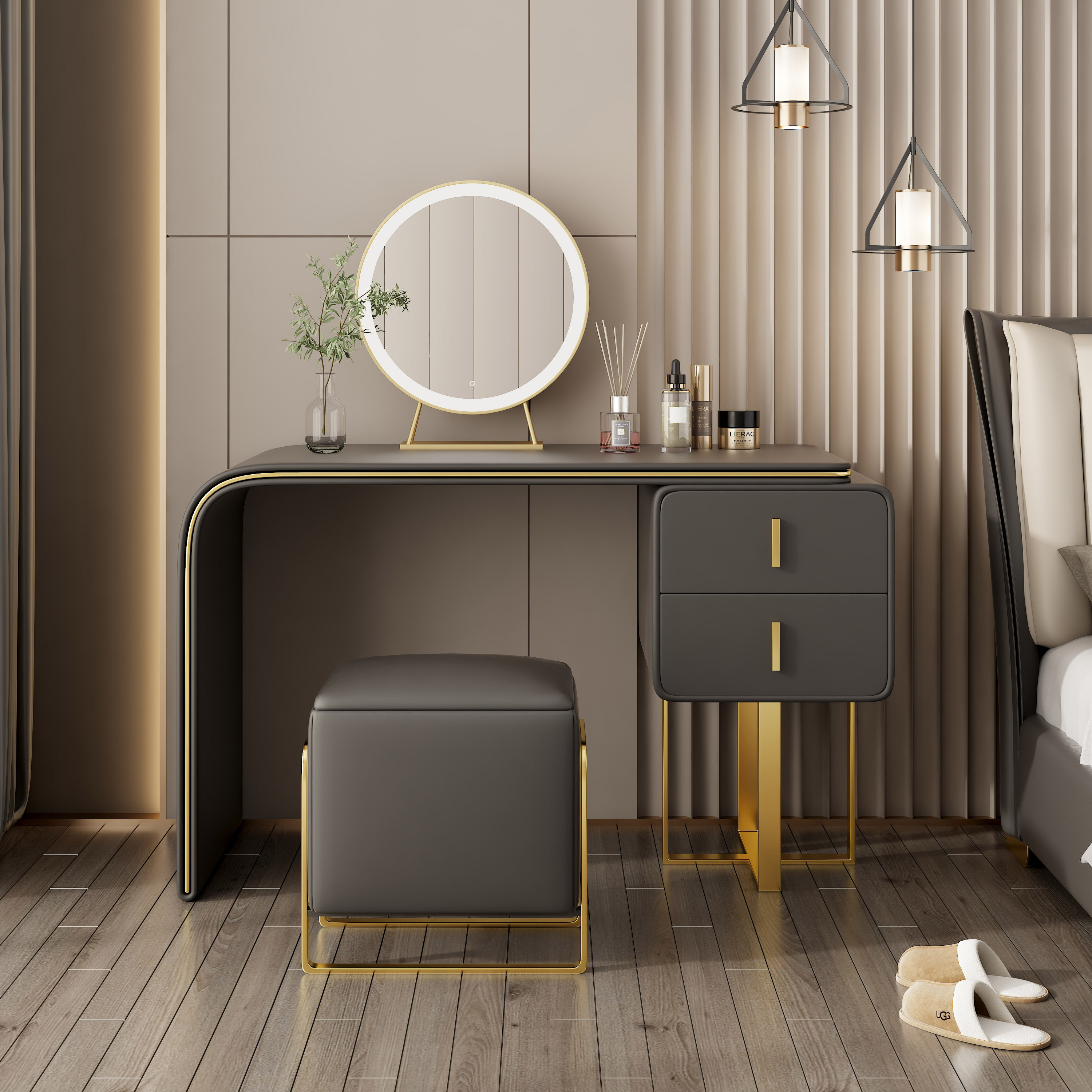 轻奢奢风意式梳妆台小户户型卧室化妆台收纳一体梳妆台