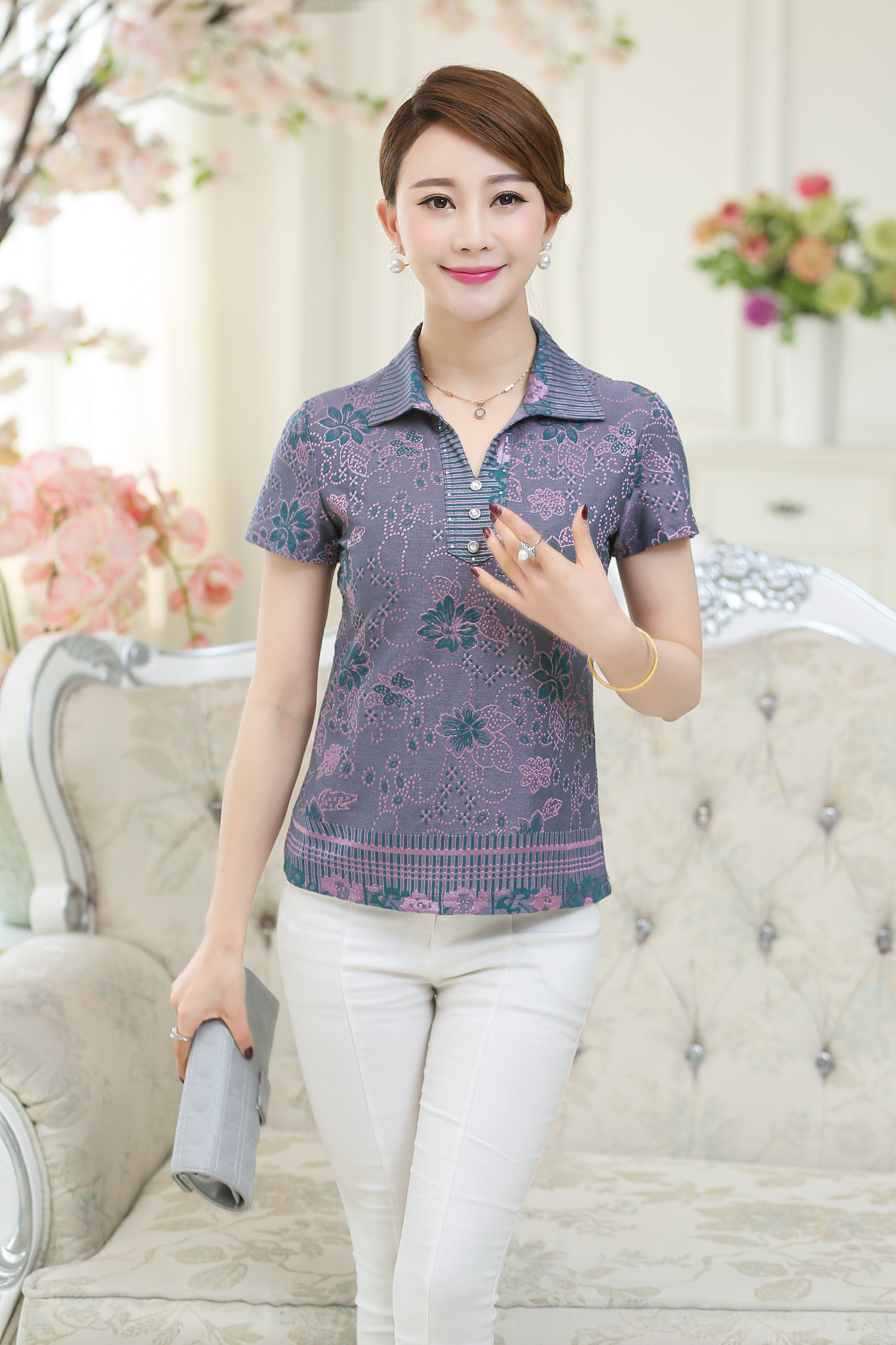 夏装中老年女装短袖加大码t恤衫妈妈装运动休闲翻领t恤女士polo衫