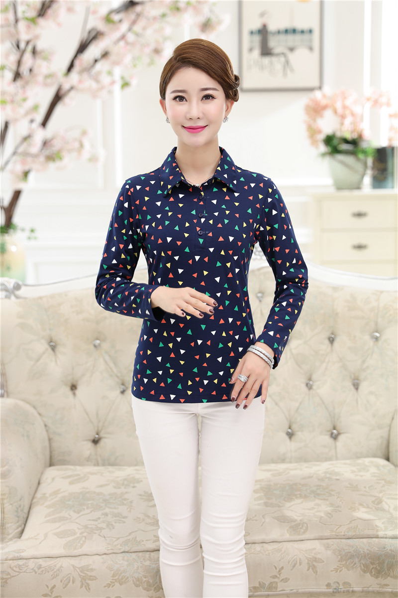 中老年女装长袖t恤中年人秋装女翻领上衣服 妈妈装全棉印花打底衫