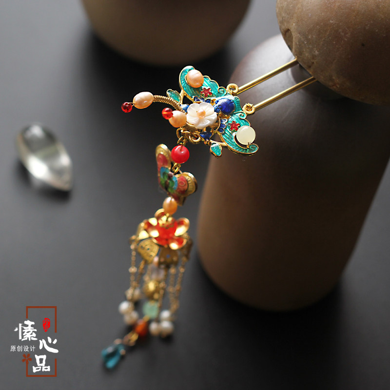 愫心品 古风簪子古代发簪u型百搭流苏步摇景泰蓝古典汉服旗袍头饰