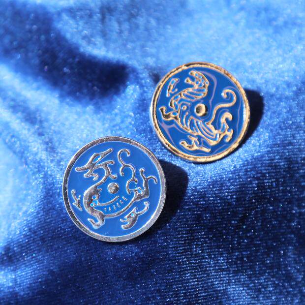 复古古风纹样瓦当镀银蓝色珐琅青龙白虎朱雀玄武胸针