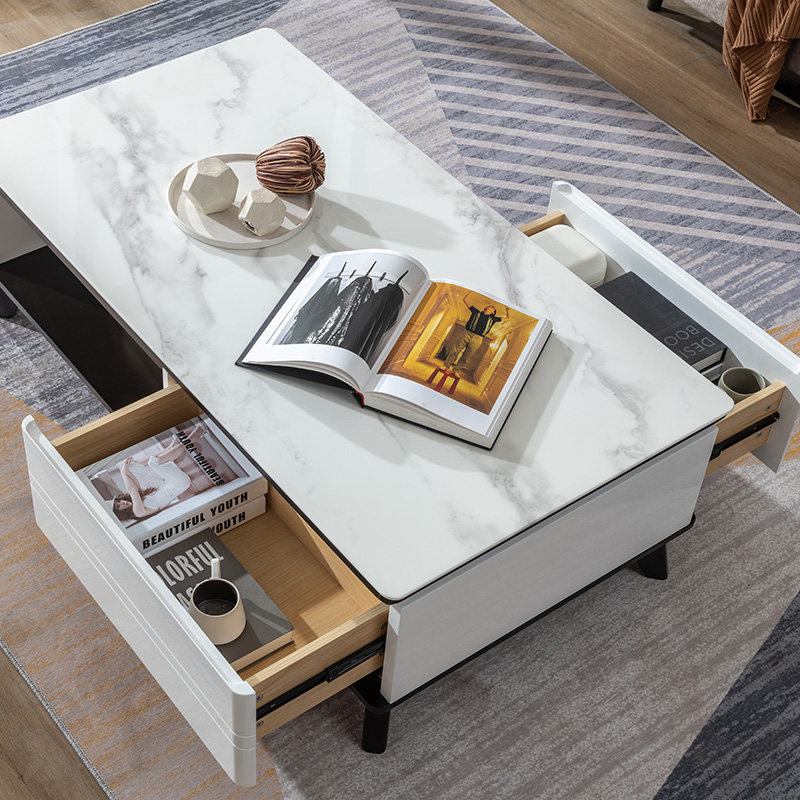 掌上明珠钢化玻璃石纹台面茶几可伸缩电视柜组合客厅多储物电视柜