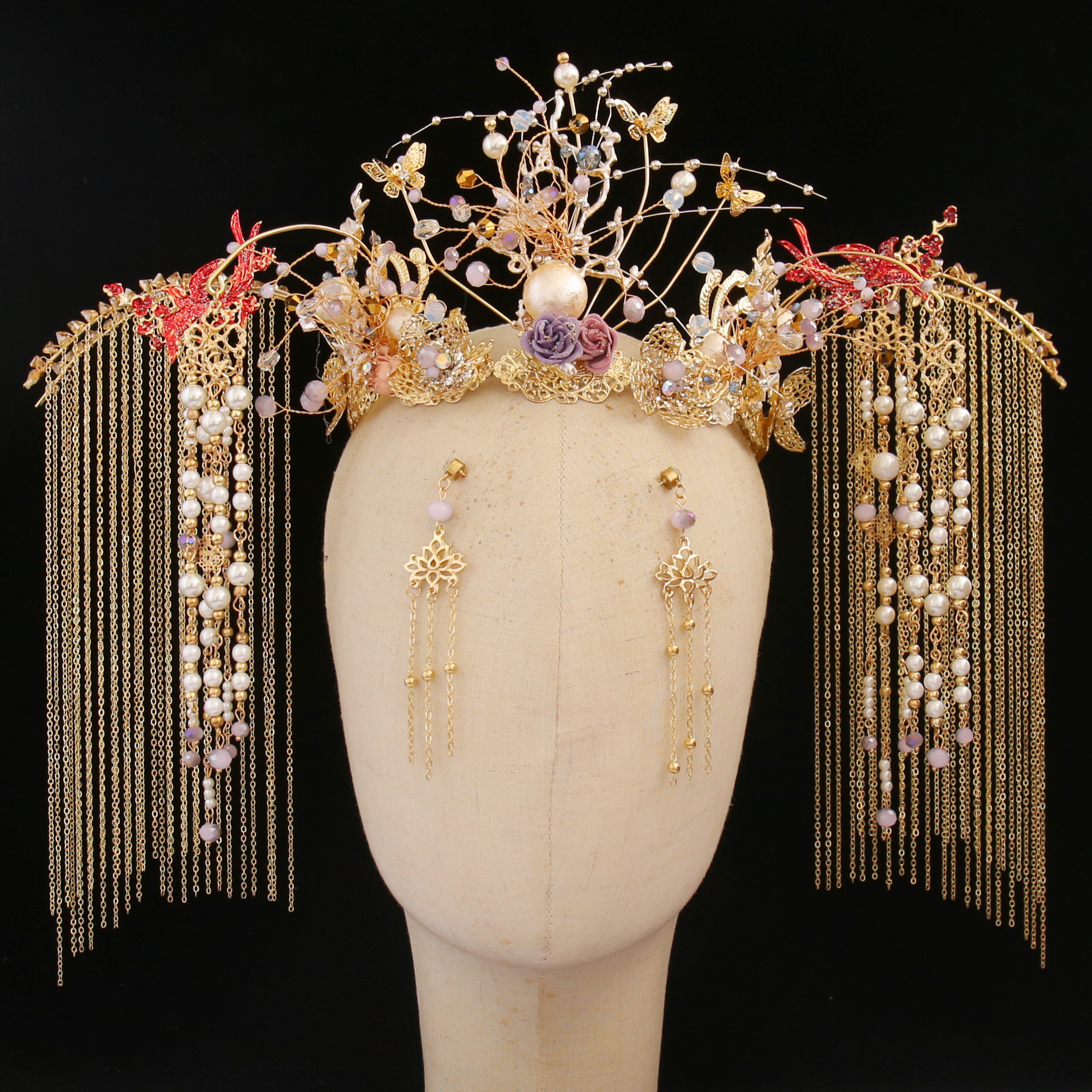 2020新款新娘中式古装头饰套装金色凤冠流苏发饰