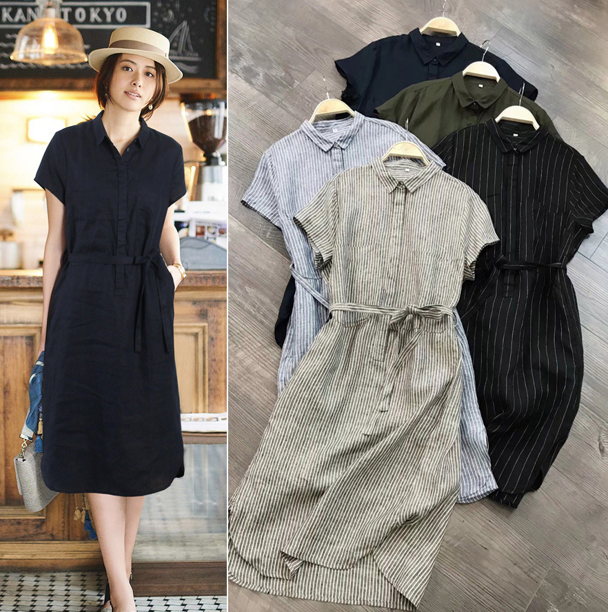 外贸出口日单~女装剪标法国纯亚麻宽松显瘦文艺衬衫连衣裙中长款