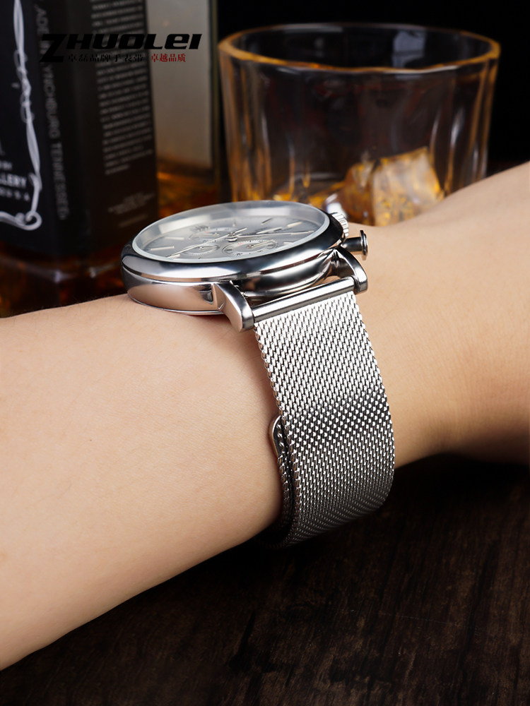 米兰钢带男手表带黑色钢表链代用华为gt2万国天梭美度阿玛尼20/22