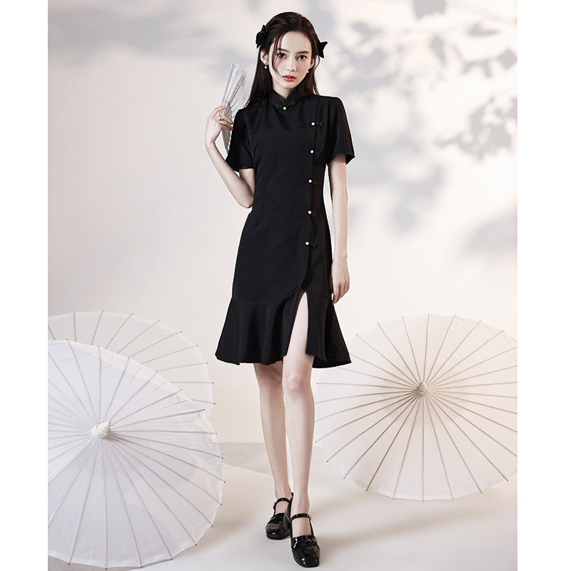 年轻款旗袍连衣裙改良版少女2021年新款夏黑色鱼尾时尚现代风裙子