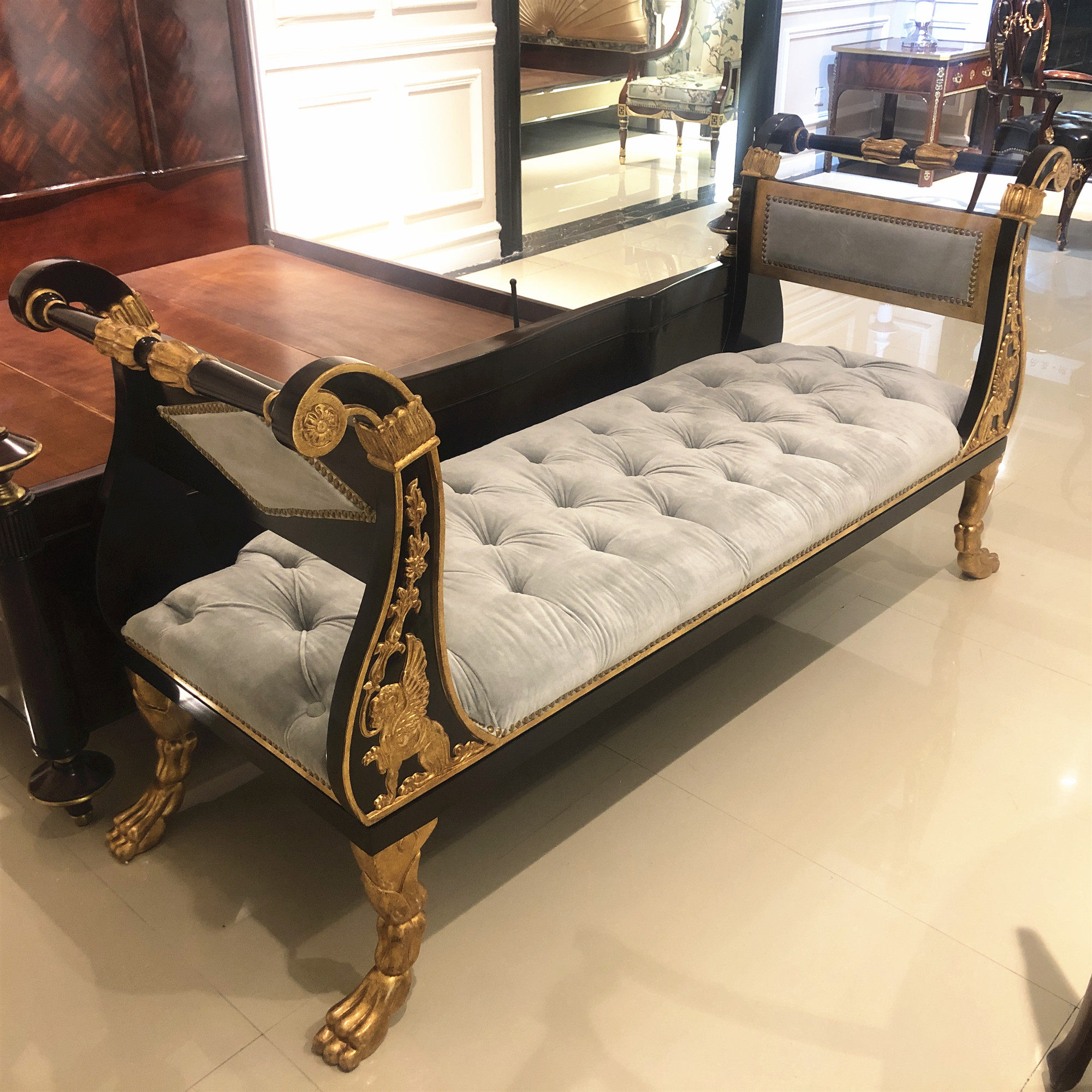 欧式长条扶手古典美式换鞋实木贵妃家具卧室床尾凳