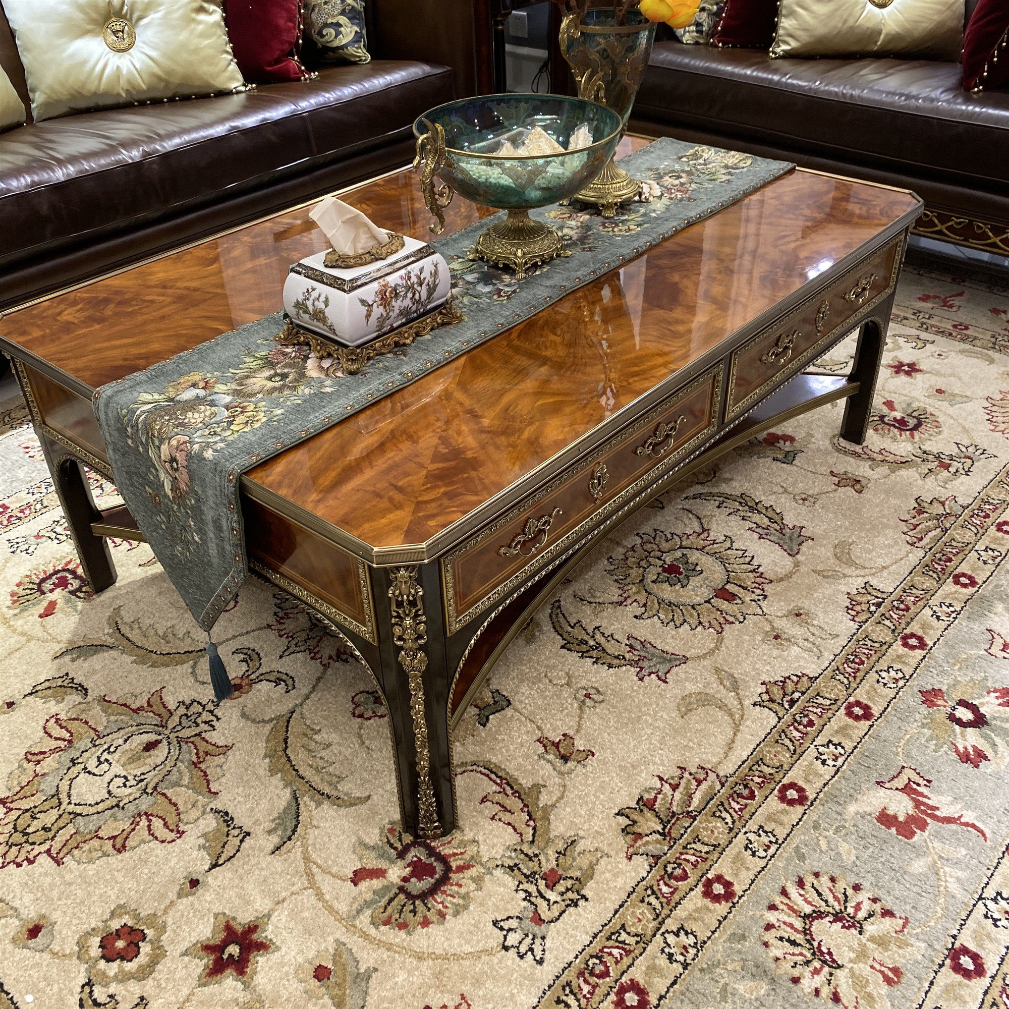 英式古典茶几桃花花心实木茶台亚历山大带暗格储物茶几