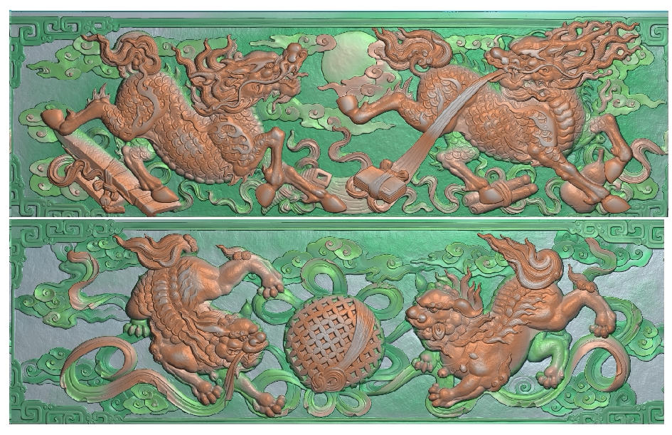 浮雕图扫描图精雕灰度新款双狮戏球双麒麟踏宝2d