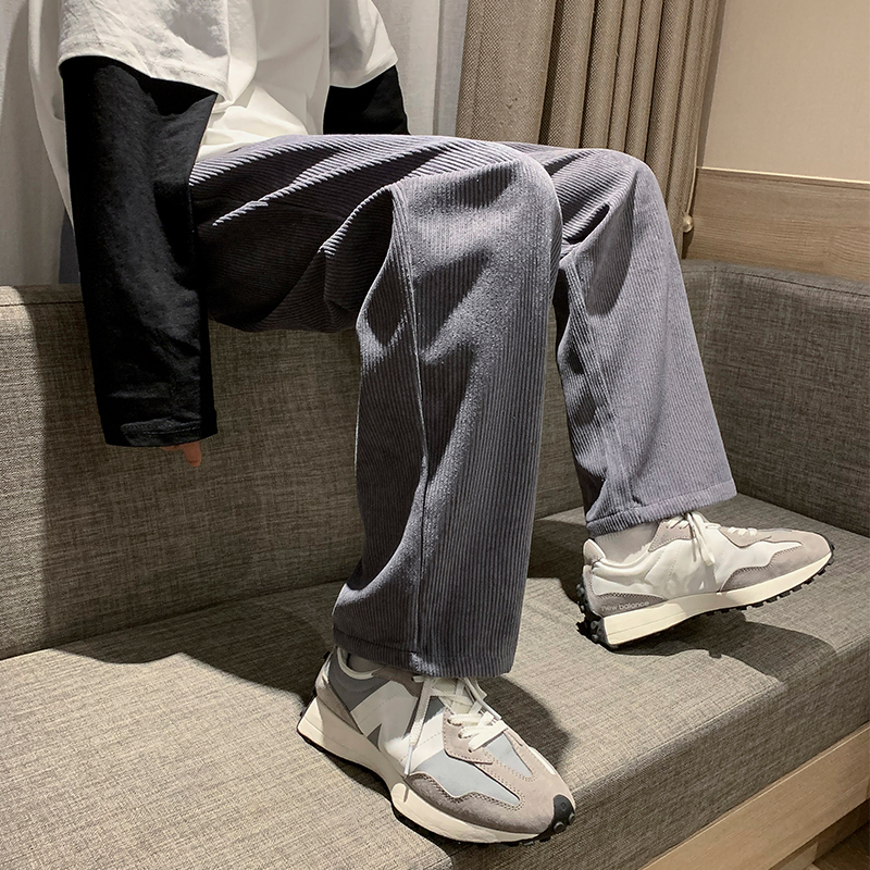 直筒灯芯绒裤子男休闲百搭潮流宽松港风日系复古潮牌春条绒九分裤