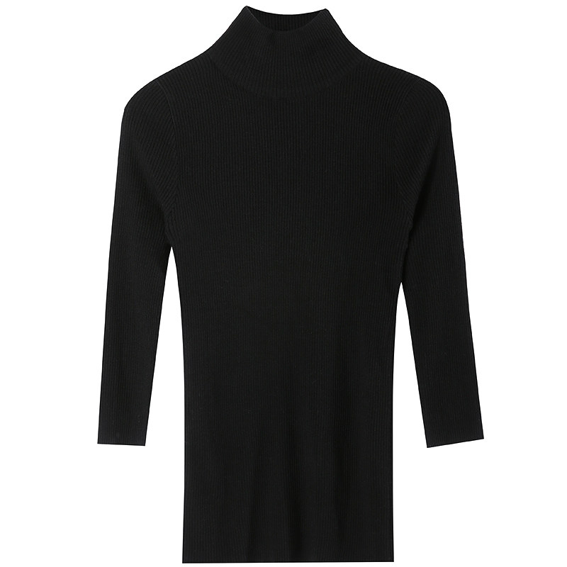 高领毛衣针织衫领针袖中七分打底黑色秋冬线衣毛针织衫
