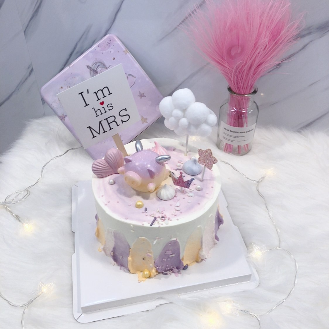 羽浵ins紫粉星空小猪卡通生日蛋糕少女儿童私房新鲜生日蛋糕