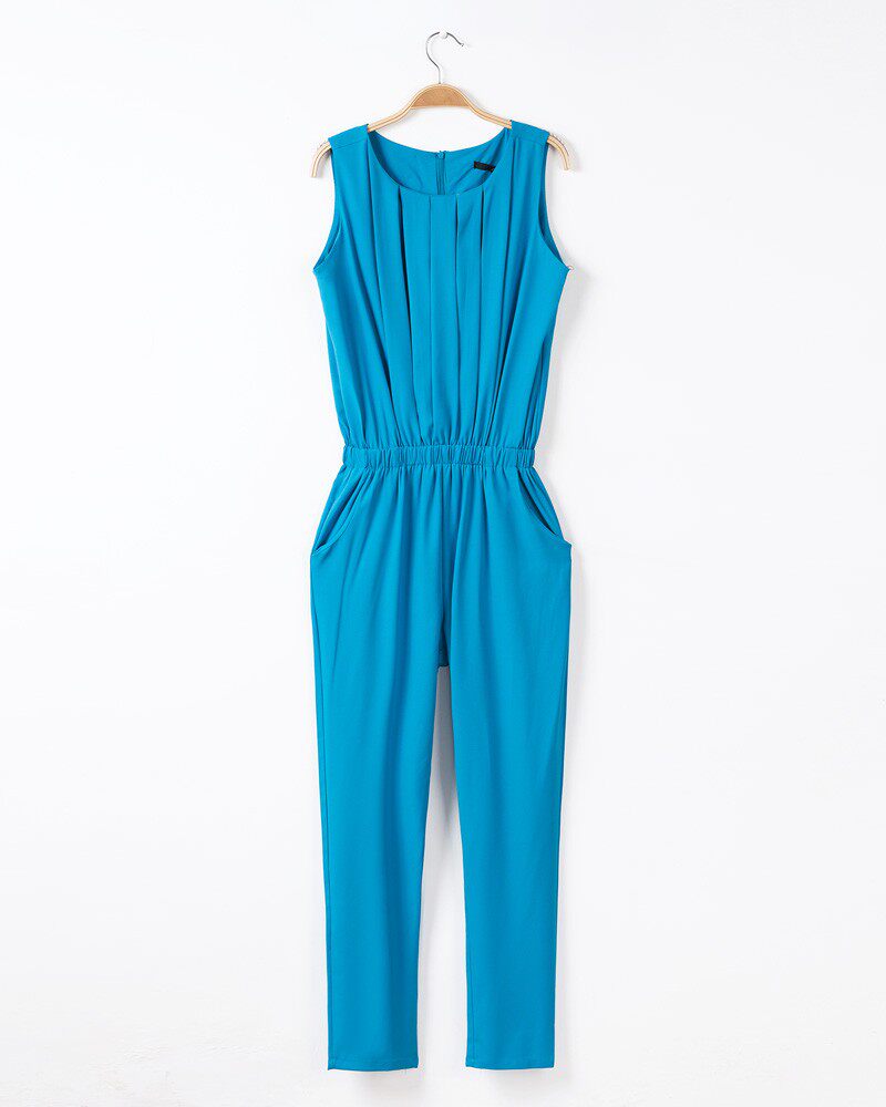 2019夏韩版ol修身显瘦无袖雪纺连体裤女百褶连身裤连衣长裤大码